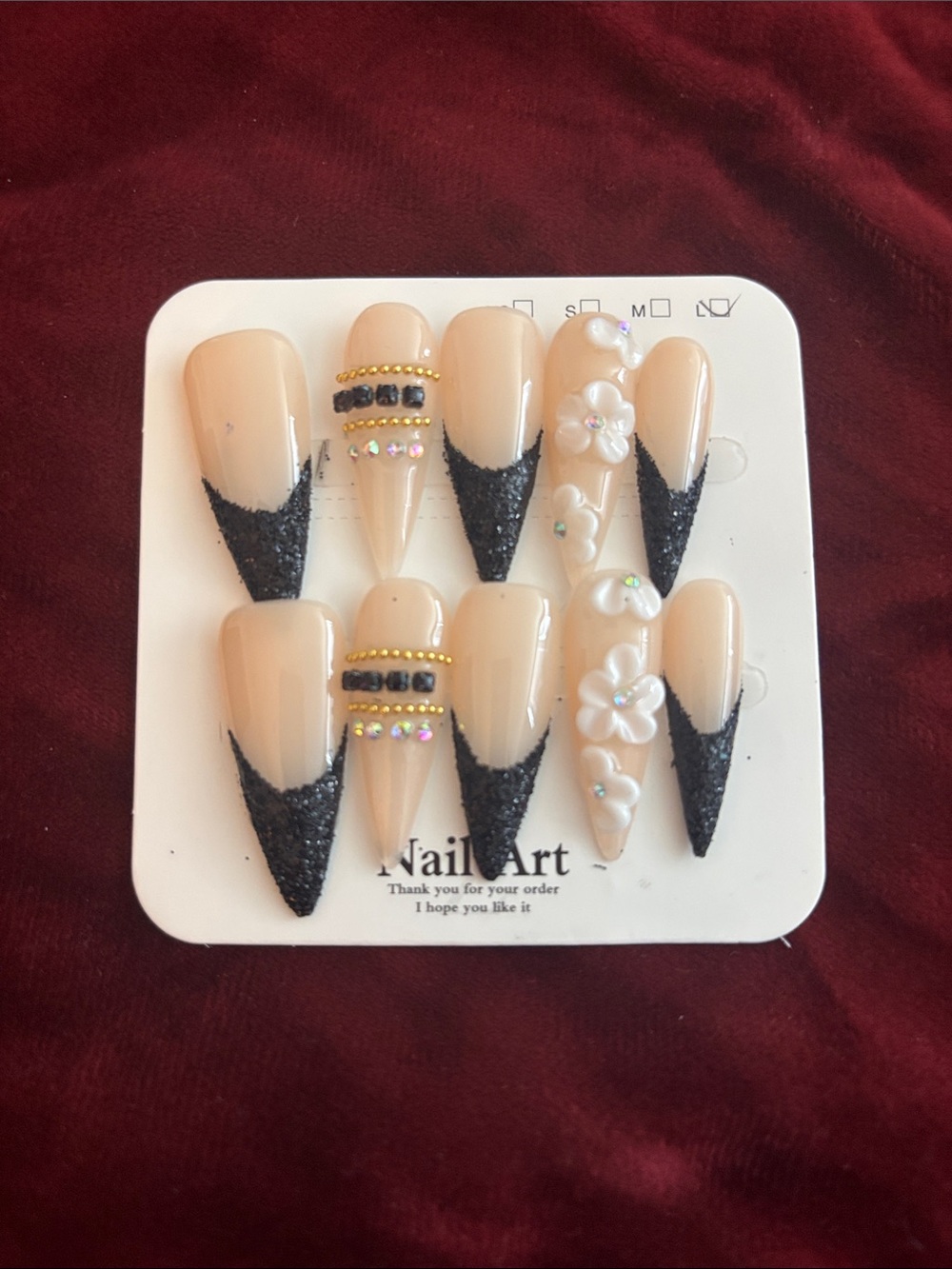 Nude and Black Stiletto Press-On Nails with Rhinestones & 3D Flowers -